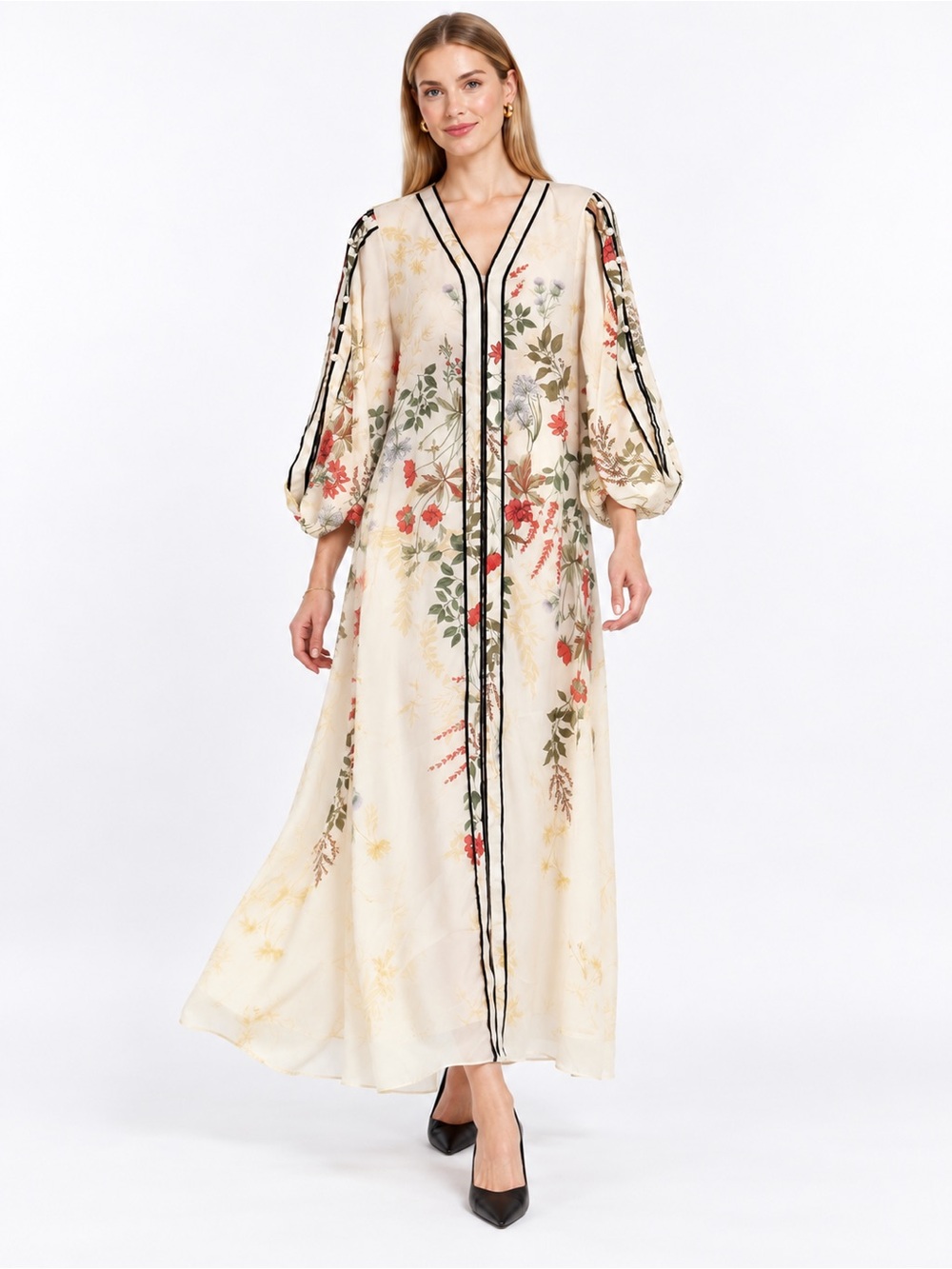 Sowears Large Cream Floral Maxi Dress Black Trim Modest Cottagecore